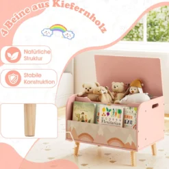 Kinder Holzspielzeugkiste mit Frontbücherregal & Klappdeckel Spielzeugtruhe Spielzeugorganizer Pink