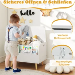 Kinder Holz Spielzeugkiste mit Frontbücherregal & Klappdeckel Spielzeugtruhe Spielzeugorganizer Weiß