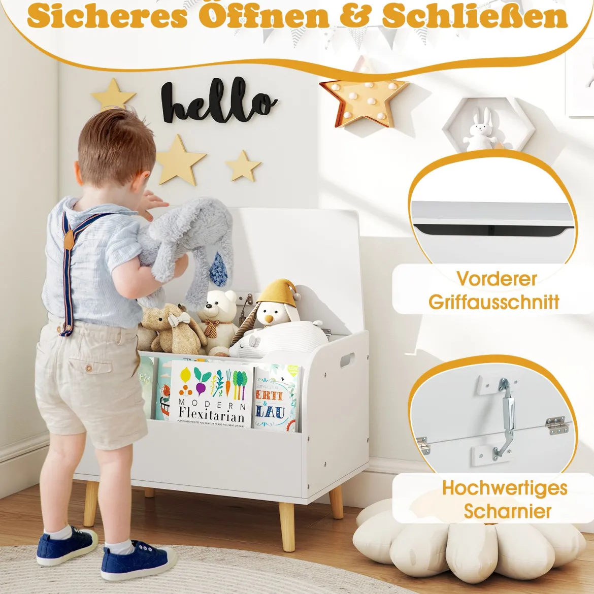 Kinder Holz Spielzeugkiste mit Frontbücherregal & Klappdeckel Spielzeugtruhe Spielzeugorganizer Weiß
