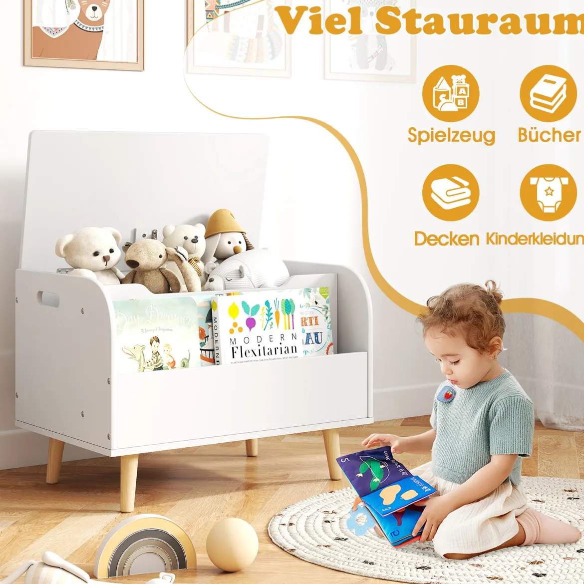 Kinder Holz Spielzeugkiste mit Frontbücherregal & Klappdeckel Spielzeugtruhe Spielzeugorganizer Weiß