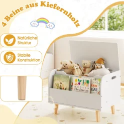 Kinder Holz Spielzeugkiste mit Frontbücherregal & Klappdeckel Spielzeugtruhe Spielzeugorganizer Weiß