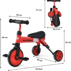 Kinder 2 in 1 klappbarer Dreirad & Balance Bike mit abnehmbarem Pedal Rot