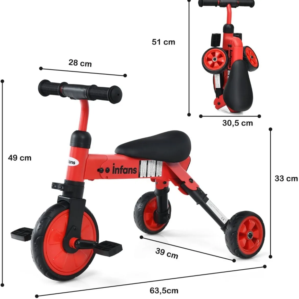 Kinder 2 in 1 klappbarer Dreirad & Balance Bike mit abnehmbarem Pedal Rot