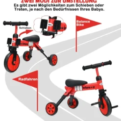 Kinder 2 in 1 klappbarer Dreirad & Balance Bike mit abnehmbarem Pedal Rot