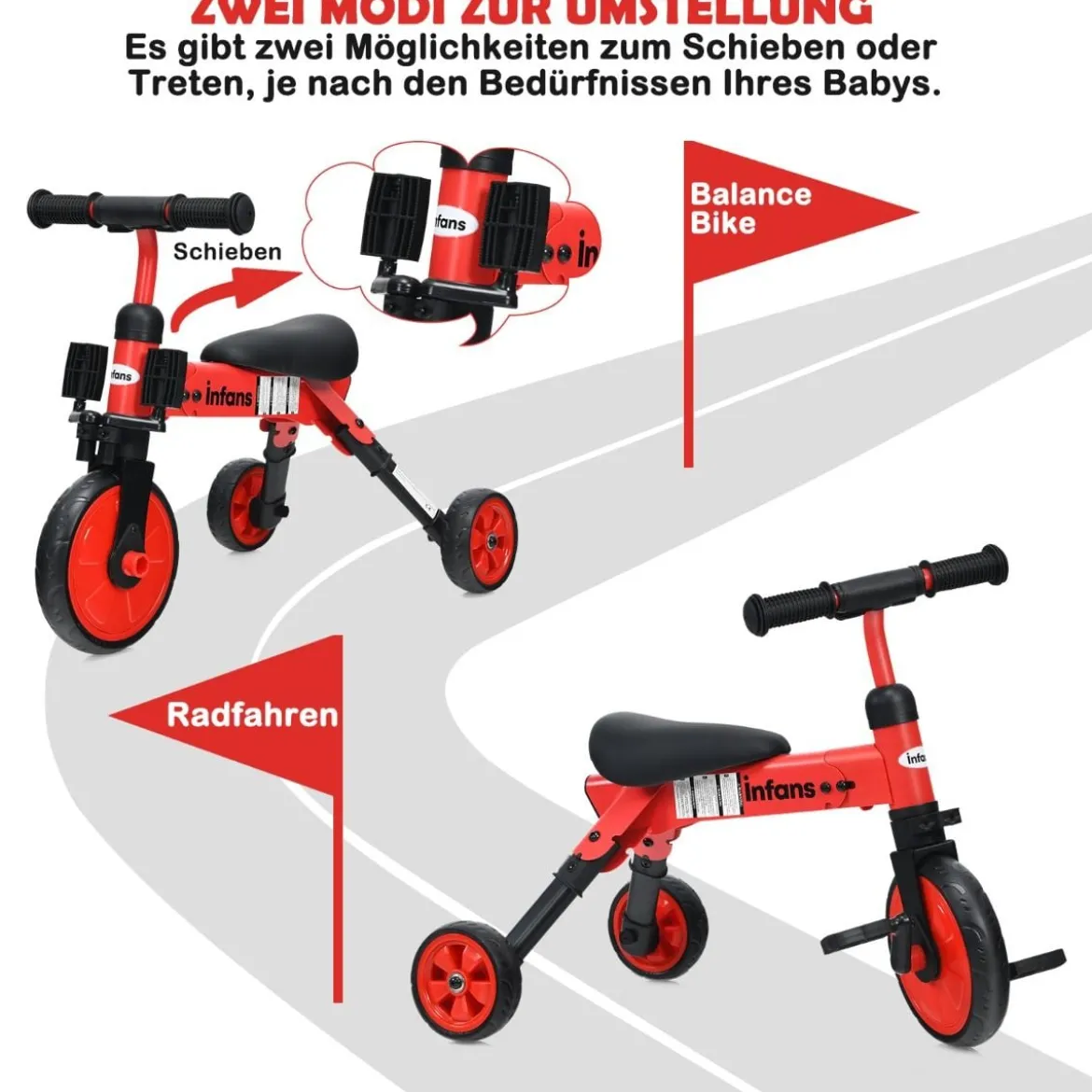 Kinder 2 in 1 klappbarer Dreirad & Balance Bike mit abnehmbarem Pedal Rot