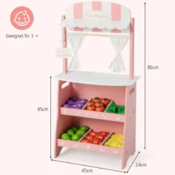 Kinder Kaufladen aus Holz mit Sonnendach & Ablagefächer & Werbeschild & Gemüse Rosa