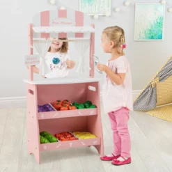 Kinder Kaufladen aus Holz mit Sonnendach & Ablagefächer & Werbeschild & Gemüse Rosa