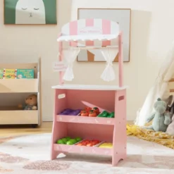 Kinder Kaufladen aus Holz mit Sonnendach & Ablagefächer & Werbeschild & Gemüse Rosa