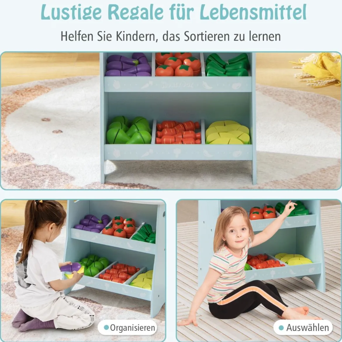 Kinder Kaufladen aus Holz mit Sonnendach & Ablagefächer & Werbeschild & Gemüse Blau