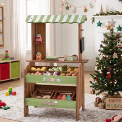 Kinder Kaufladen aus Holz Spielzeug Marktstand mit 6 Fächern & 2 Boxen für Kinder ab 3 Jahren