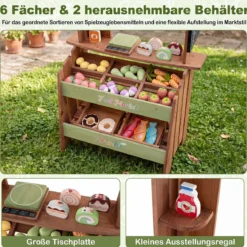 Kinder Kaufladen aus Holz Spielzeug Marktstand mit 6 Fächern & 2 Boxen für Kinder ab 3 Jahren