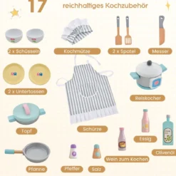 Kinderküche aus Holz inkl. 17 Zubehör mit Mikrowelle & Waschmaschine & Herde Weiß