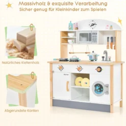 Kinderküche aus Holz inkl. 17 Zubehör mit Mikrowelle & Waschmaschine & Herde Weiß