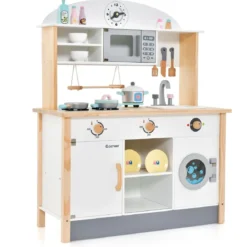 Kinderküche aus Holz inkl. 17 Zubehör mit Mikrowelle & Waschmaschine & Herde Weiß