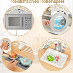 Kinderküche aus Holz inkl. 17 Zubehör mit Mikrowelle & Waschmaschine & Herde Weiß