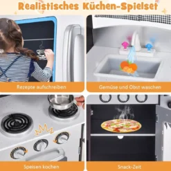 Kinderküche aus Holz Kinder Spielküche mit Kühlschrank & Viel Stauraum 97 x 30 x 95 cm Braun