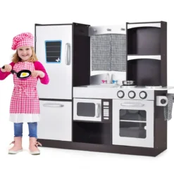 Kinderküche aus Holz Kinder Spielküche mit Kühlschrank & Viel Stauraum 97 x 30 x 95 cm Braun