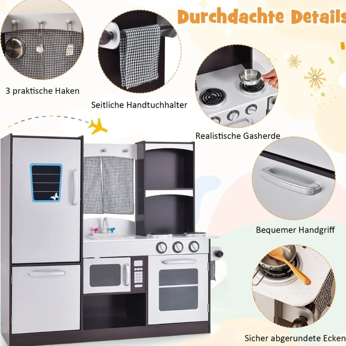 Kinderküche aus Holz Kinder Spielküche mit Kühlschrank & Viel Stauraum 97 x 30 x 95 cm Braun