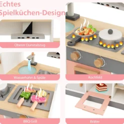 Kinderküche aus Holz mit Dustabzughaube & Kühlschrank & Wasserhahn & Küchenutensilien