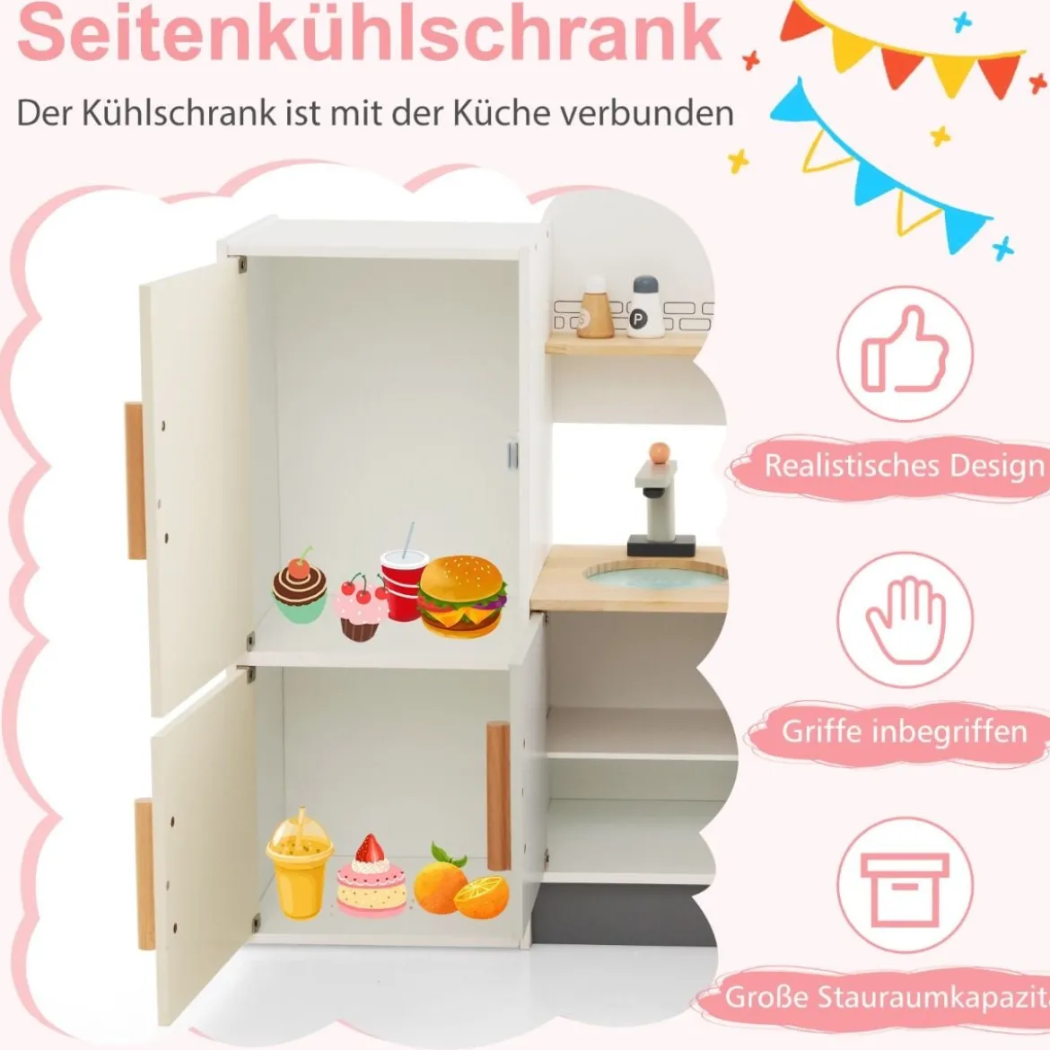 Kinderküche aus Holz mit Dustabzughaube & Kühlschrank & Wasserhahn & Küchenutensilien