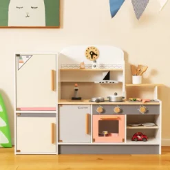 Kinderküche aus Holz mit Dustabzughaube & Kühlschrank & Wasserhahn & Küchenutensilien