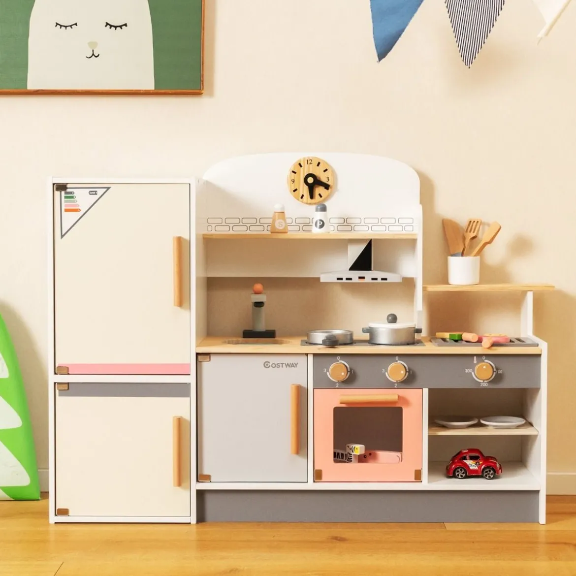 Kinderküche aus Holz mit Dustabzughaube & Kühlschrank & Wasserhahn & Küchenutensilien