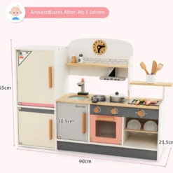 Kinderküche aus Holz mit Dustabzughaube & Kühlschrank & Wasserhahn & Küchenutensilien