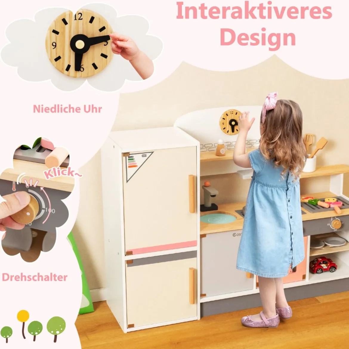 Kinderküche aus Holz mit Dustabzughaube & Kühlschrank & Wasserhahn & Küchenutensilien