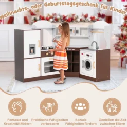 Kinderküche aus Holz mit Sound- & Lichteffekten & Eismaschine & Mikrowelle Eckspielküche Braun