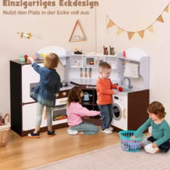 Kinderküche aus Holz mit Sound- & Lichteffekten & Eismaschine & Mikrowelle Eckspielküche Braun