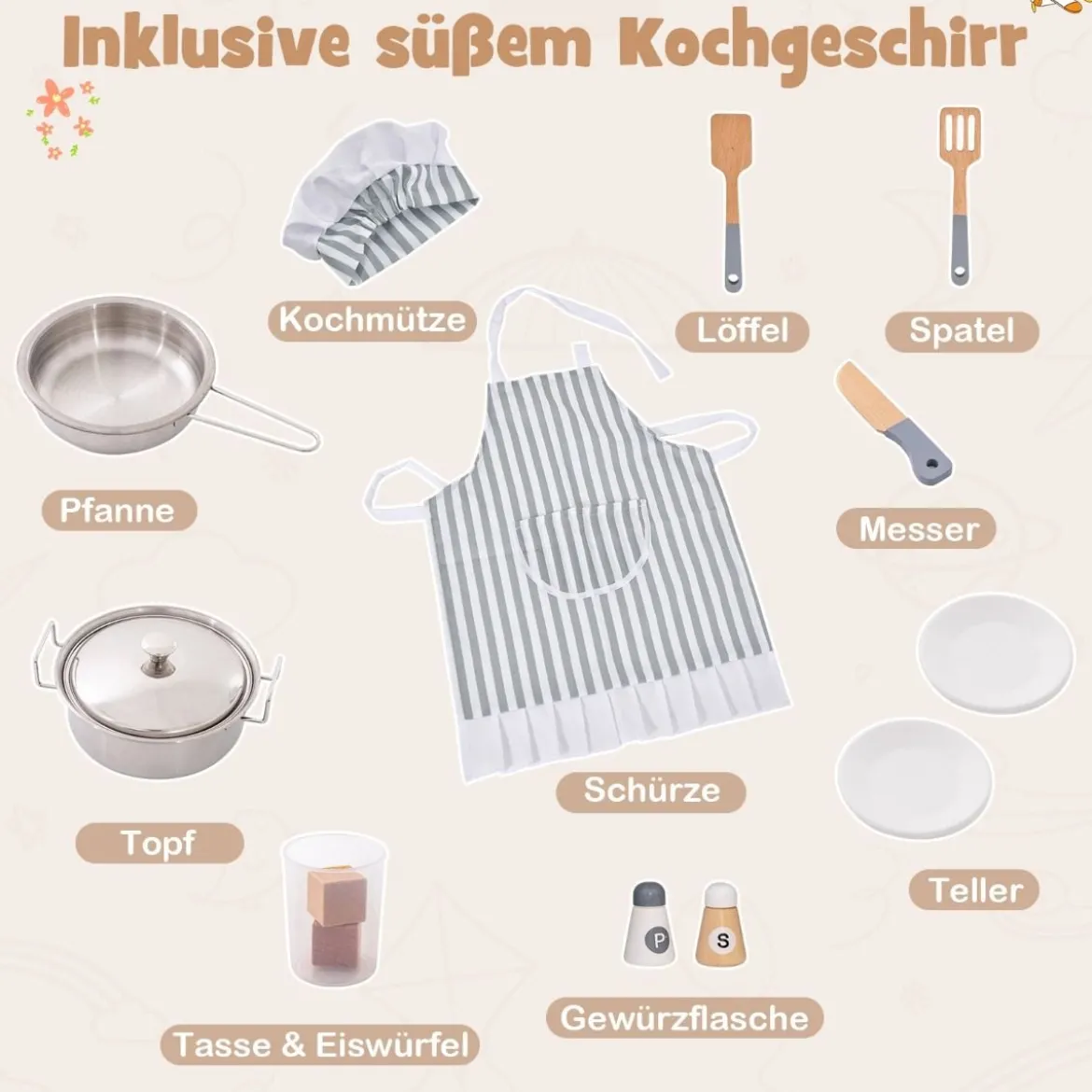 Kinderküche aus Holz mit Sound- & Lichteffekten & Eismaschine & Mikrowelle Eckspielküche Braun