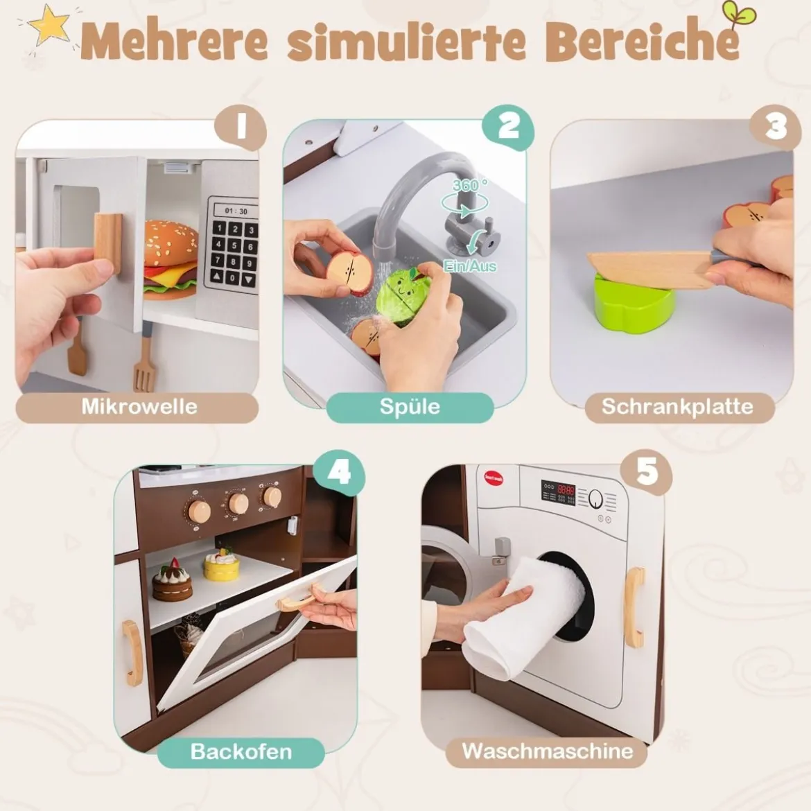 Kinderküche aus Holz mit Sound- & Lichteffekten & Eismaschine & Mikrowelle Eckspielküche Braun