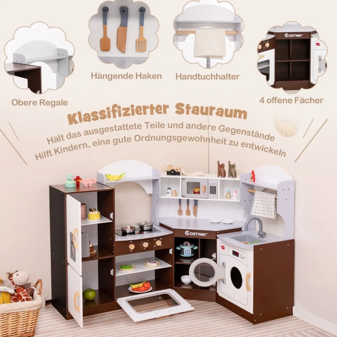 Kinderküche aus Holz mit Sound- & Lichteffekten & Eismaschine & Mikrowelle Eckspielküche Braun