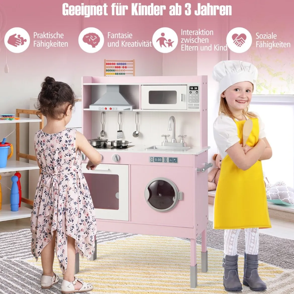 Kinderküche aus Holz mit Spielzubehören & Geräuschen & Lichtern Rosa