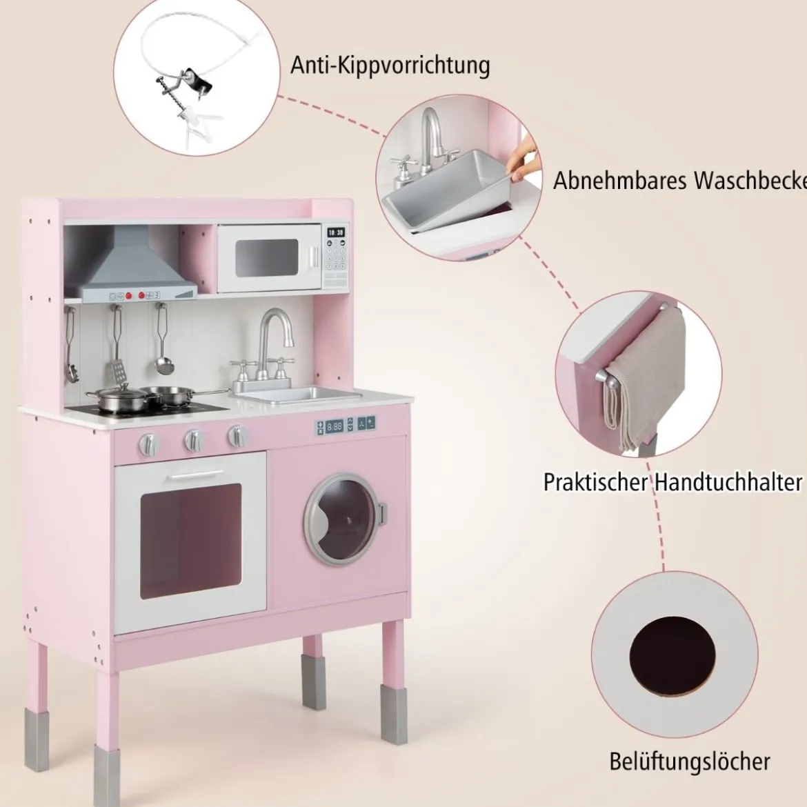 Kinderküche aus Holz mit Spielzubehören & Geräuschen & Lichtern Rosa