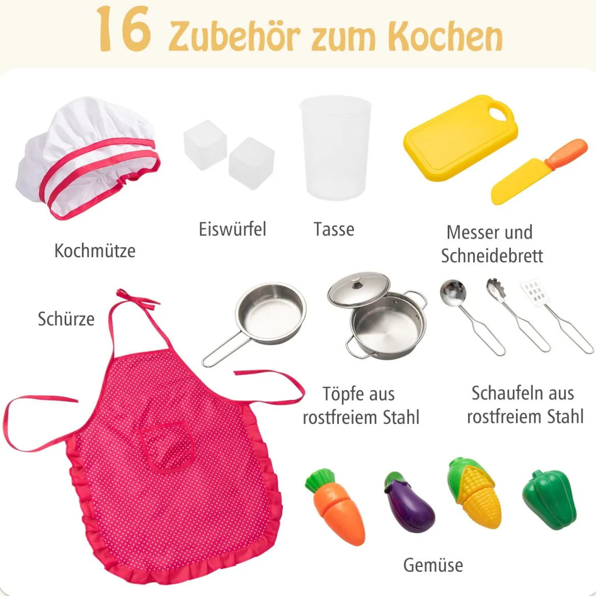 Kinderküche aus Holz mit 16 Spielzubehör für Kinder ab 3 J. 83 x 29 x 103 cm Natur