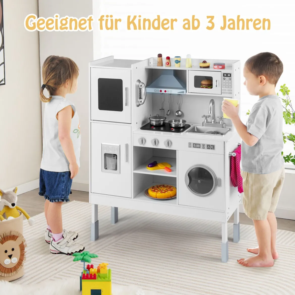 Kinderküche aus Holz mit 16 Spielzubehör für Kinder ab 3 J. 83 x 29 x 103 cm Weiß