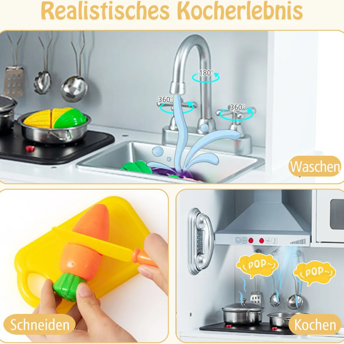 Kinderküche aus Holz mit 16 Spielzubehör für Kinder ab 3 J. 83 x 29 x 103 cm Weiß