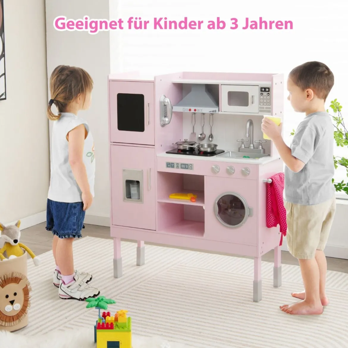 Kinderküche aus Holz mit 16 Spielzubehör für Kinder ab 3 J. 83 x 29 x 103 cm Rosa