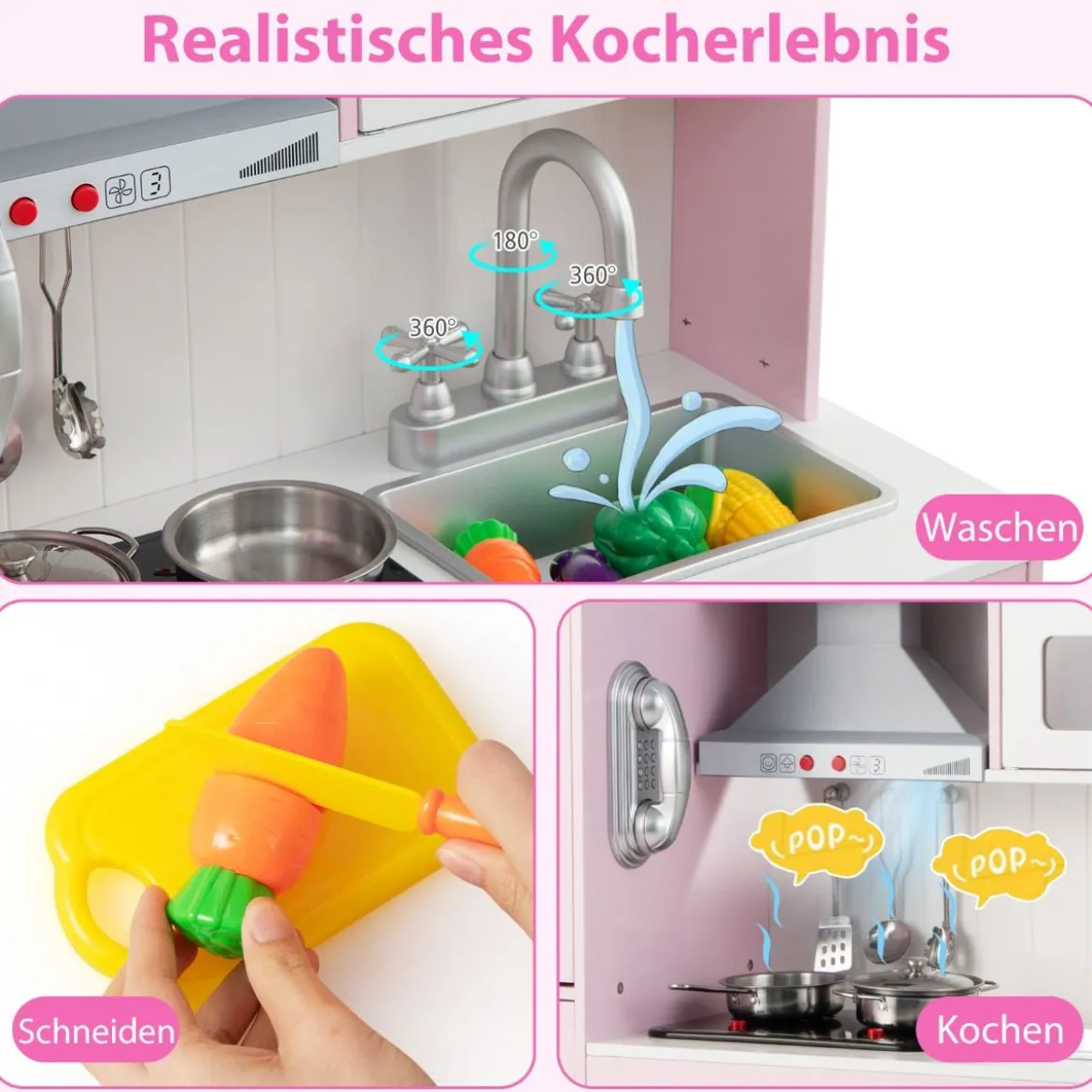 Kinderküche aus Holz mit 16 Spielzubehör für Kinder ab 3 J. 83 x 29 x 103 cm Rosa
