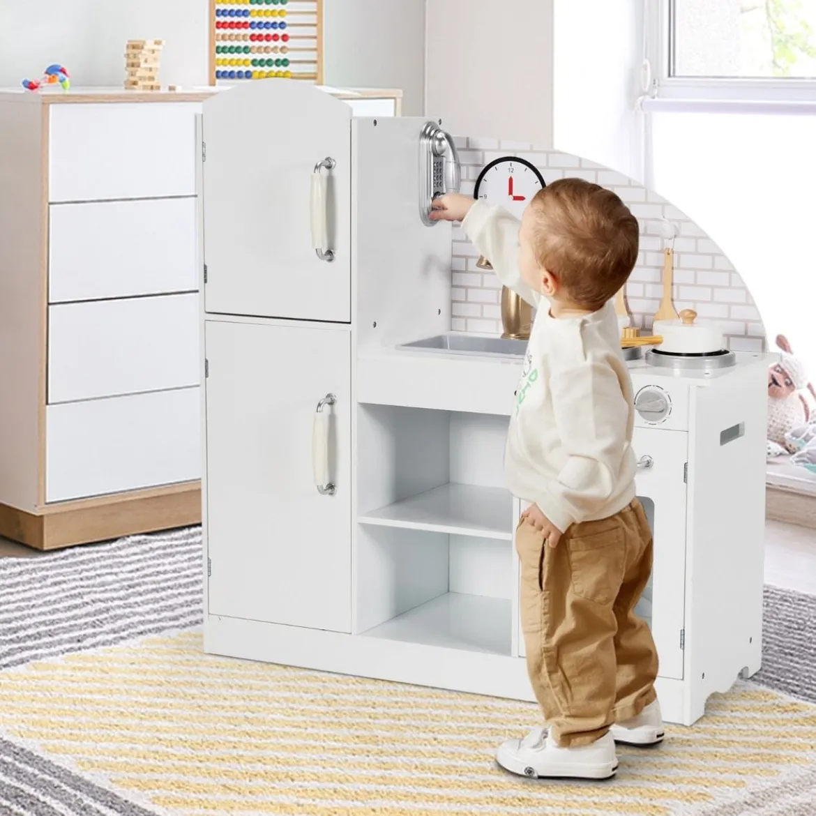 Kinderküche aus Holz mit Utensilien & Wasserhahn & Spüle Telefon & Schränken 78 x 29 x 83 cm Weiß