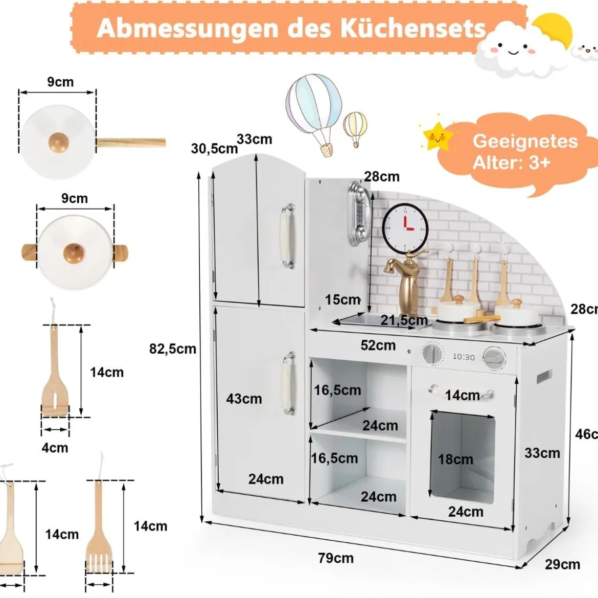 Kinderküche aus Holz mit Utensilien & Wasserhahn & Spüle Telefon & Schränken 78 x 29 x 83 cm Weiß