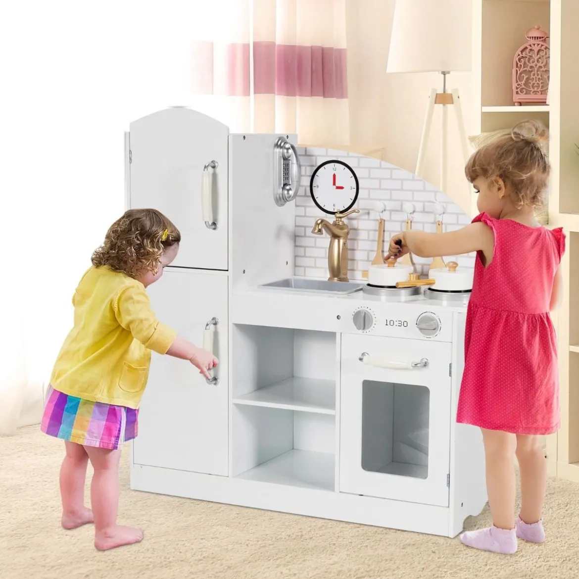 Kinderküche aus Holz mit Utensilien & Wasserhahn & Spüle Telefon & Schränken 78 x 29 x 83 cm Weiß