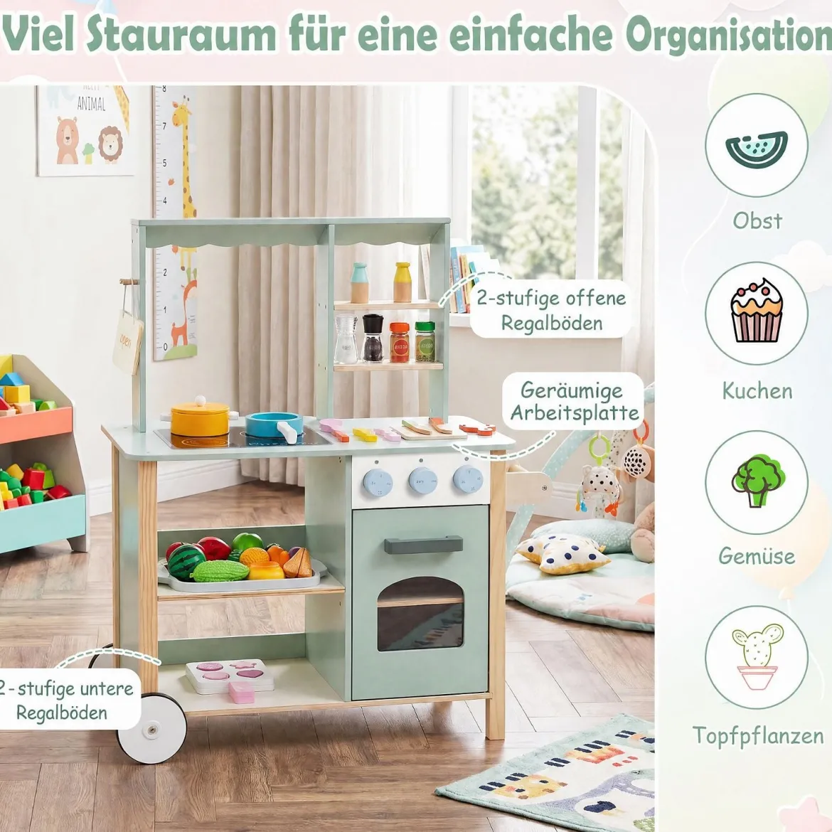 Kinderküche aus Holz Spielküche mit Schiebegriff Spielzeugherd und Rädern für Kinder ab 3 Jahren