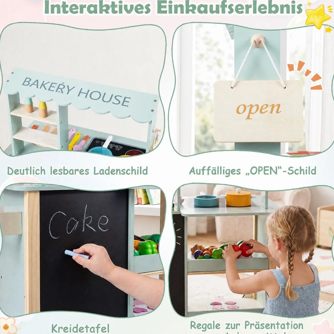 Kinderküche aus Holz Spielküche mit Schiebegriff Spielzeugherd und Rädern für Kinder ab 3 Jahren