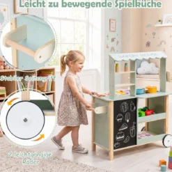 Kinderküche aus Holz Spielküche mit Schiebegriff Spielzeugherd und Rädern für Kinder ab 3 Jahren