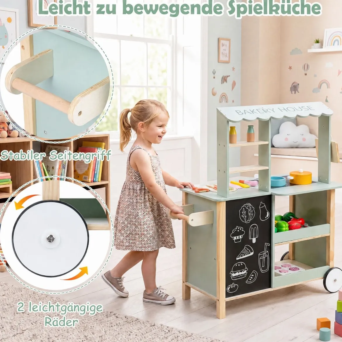 Kinderküche aus Holz Spielküche mit Schiebegriff Spielzeugherd und Rädern für Kinder ab 3 Jahren