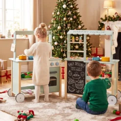 Kinderküche aus Holz Spielküche mit Schiebegriff Spielzeugherd und Rädern für Kinder ab 3 Jahren