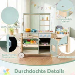 Kinderküche aus Holz Spielküche mit Schiebegriff Spielzeugherd und Rädern für Kinder ab 3 Jahren
