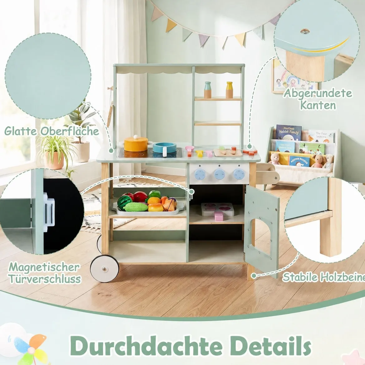 Kinderküche aus Holz Spielküche mit Schiebegriff Spielzeugherd und Rädern für Kinder ab 3 Jahren